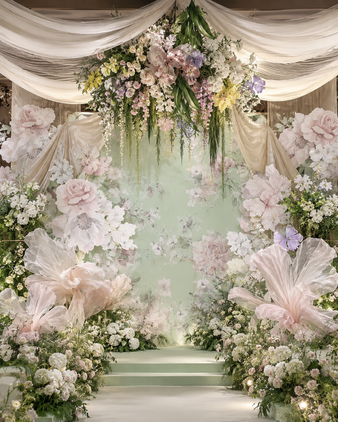 小清新婚礼布置 室内婚礼 粉色花艺 纸花 真丝花 小型婚礼 4
